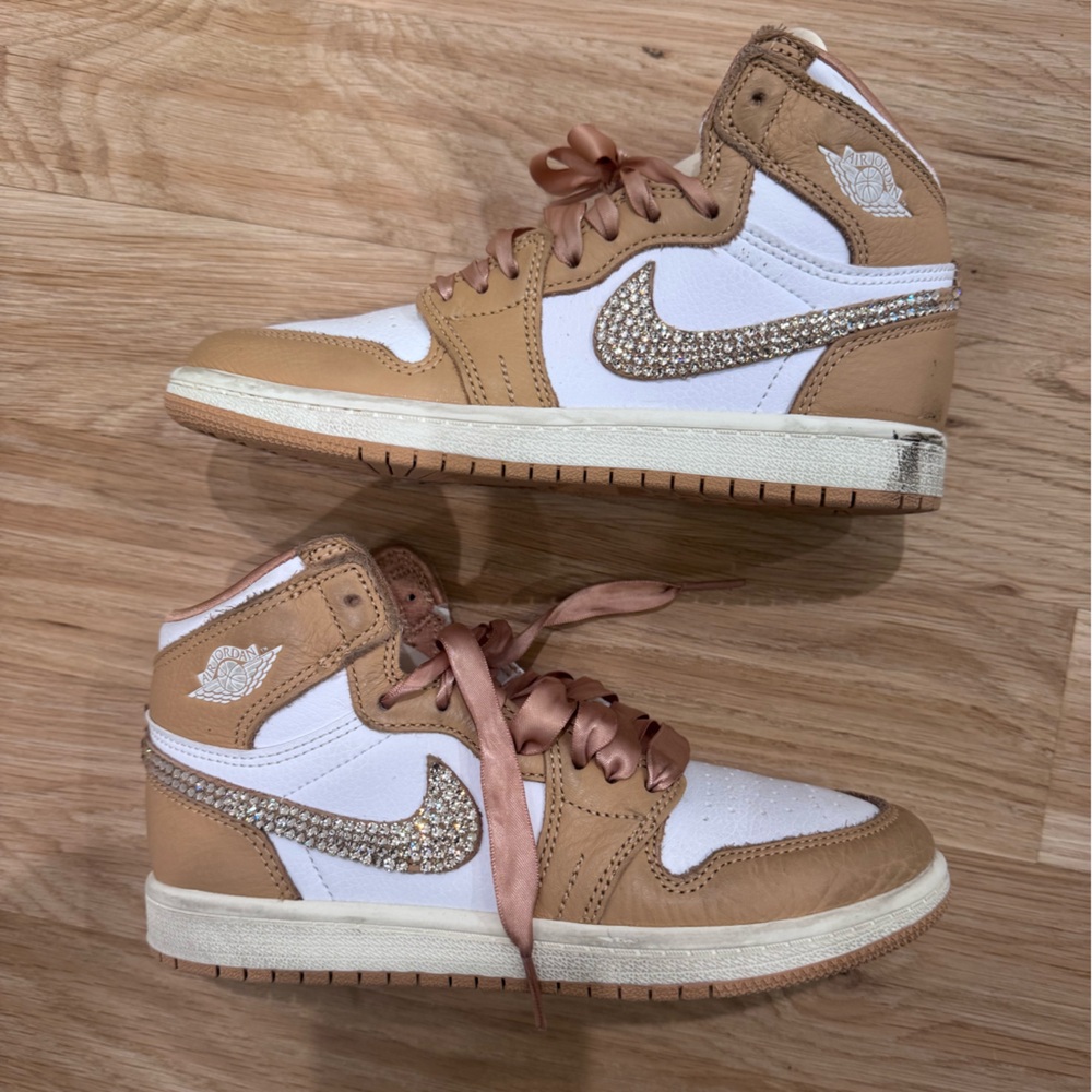 Girls Nike Jordans Tan and White Bejeweled Sneakers